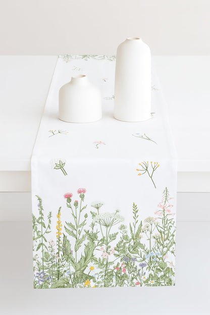 PurpleEssences Floral Table Runner - 100% Cotton - for Seasonal Formhouse Kitchen and Dining Table Decor - Spring Easter Summer - 14 x 72 Inches - Estee with Red Flowers