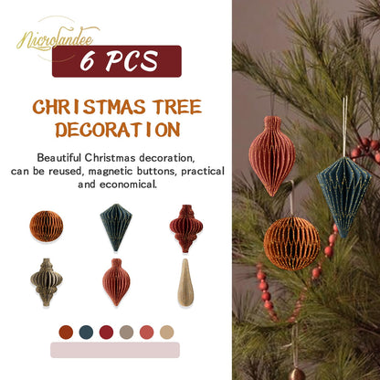 NICROLANDEE Christmas Decorations, 6 PCS Christmas Paper Honeycomb Ornaments with Glitter Edge, Mini Hanging Paper Lanterns for Christmas Tree Decoration Xmas Holiday Party New Year Decor