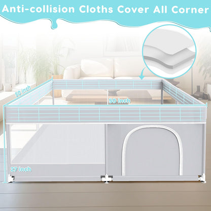 Fshibila Baby Playpen, 50x50 Inch Baby Playard for Babies and Toddlers, Play Pens for Indoor & Outdoor, Sturdy Safety Play Yard with Soft Breathable Mesh, Anti-Fall, Grey