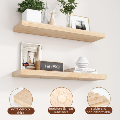 fuqing 30 Inch Floating Shelves | Natural Wood Wall Shelves Set of 2 | 30" W x 6.7" D Natural Wooden Floating Shelves for Living Room Bedroom Home Office