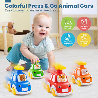 TooyBing Press and Go Car Toys for Toddlers 1-3, 4 Pack Animal Baby Car Toys for 1 2 Year Old Boy, Push Go Friction Vehicle Toys for Infants 12-18 Months, One First Birthday Gifts for Boys Girls