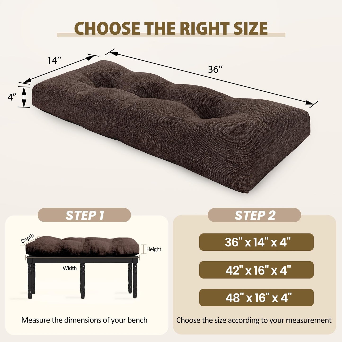 downluxe Indoor Bench Cushion for Indoor Furniture, Non-Slip Tufted Overstuffed Textured Foam Bench Seat Cushion, 36" X 14" X 4", Brown, 1 Pack
