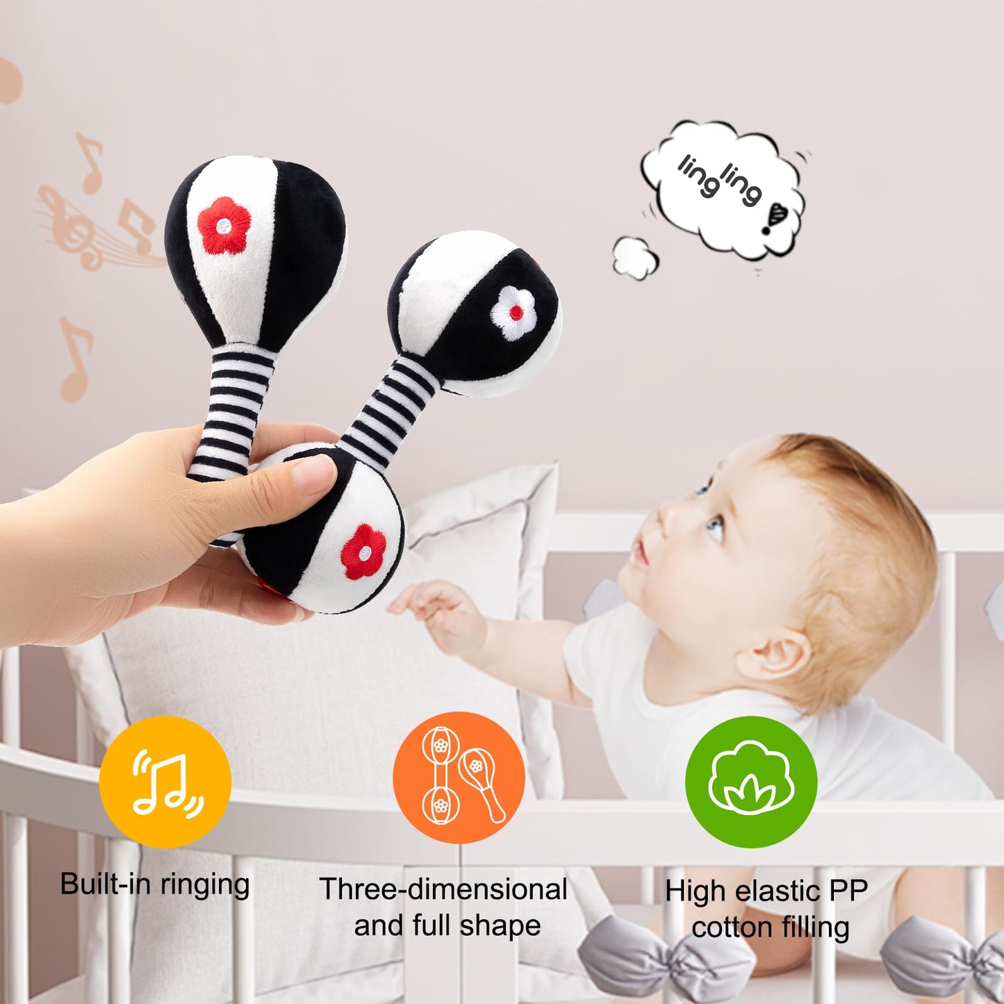 JINBOBUBU Soft Baby Rattles 0-6 Months - 2 Pack Infant Developmental Toys with Black & White Contrast | Sensory Newborn Toys for Girls & Boys | Set (BPA Free)