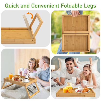 Kaukinye Bamboo Bed Tray Table with Foldable Legs, Breakfast Tray, Laptop Desk for Bed or Sofa,Serving,TV Table Kitchen, Eating,Working, Reading (Beige)