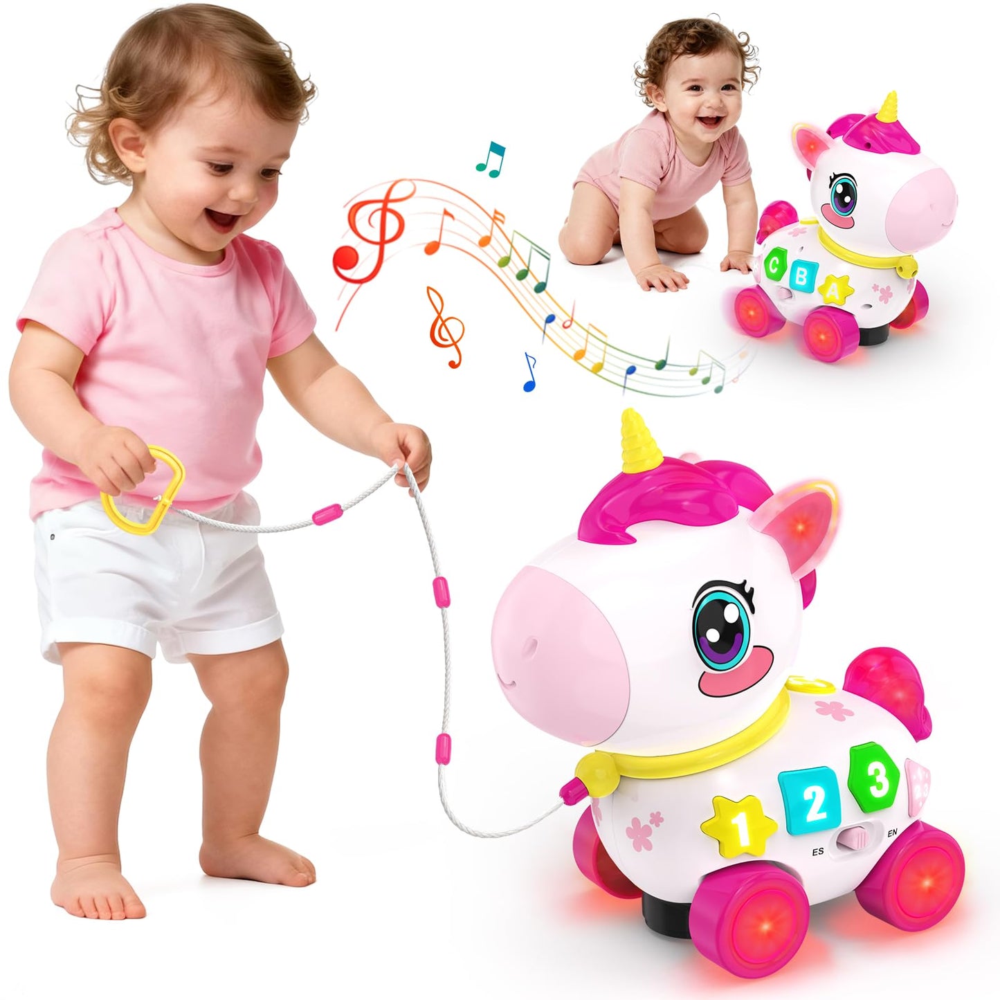 Bilingual Musical Crawling Toy for 1 Year Old Girl Gifts,Musical Unicorn Toys for Baby 6-12 Months,Baby Toys 6-12-18 Months,Toddler Educational Toy,Birthday Gifts with Music Light,Baby