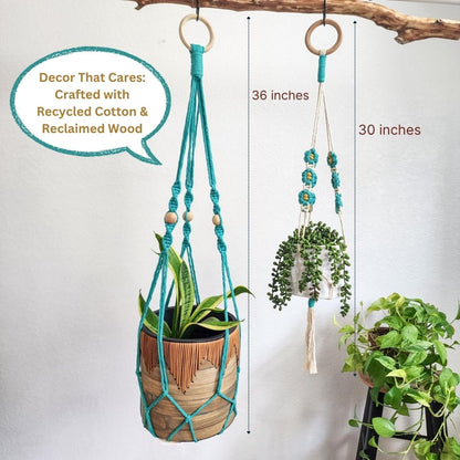 Set of 2 Macrame plant hanger with Daisies & Beads | Hanging plant holder Macrame Plant hangers outdoor and indoor hanging planters Plant stand indoor Boho Decor hanging planter stand (Ocean Teal)