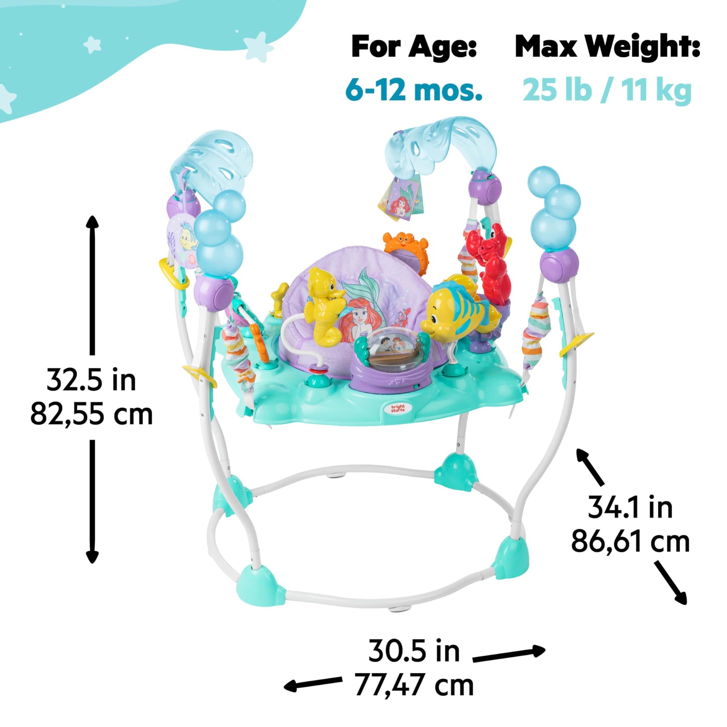 Bright Starts Disney The Little Mermaid Sea of Activities Baby Activity Jumper with Interactive Toys, Lights & Music with Disney Princess Ariel, 6-12 Months (Blue)
