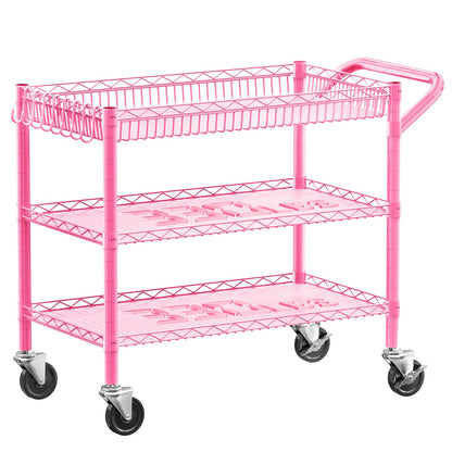 YNN Pink Rolling Cart, 990Lbs 3 Tier Heavy Duty Metal Cart with Wheels & Handle NSF Wheeled Cart 31" D x 18" W x 33" H for Bedroom, Bathroom, Kitchen,Garden,Decor,Serving