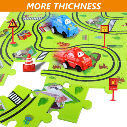 48 PCS Puzzle Race Track Car Set: Toddlers Kids Boys Girls Toys & Gifts for 3 4 5 6 Year Old | Puzzle Tracks Car Toys | with 2 Small Cars Toy and Roadblocks | Play & Learn Toy | Kid for Ages 3-5 4-6