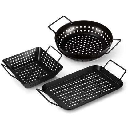 Teecyhooo 3 Pack Grill Topper Pans for Outdoor Grill, Stainless Steel Vegetables BBQ Grilling Basket with Holes Handles, Nonstick Barbecue Pan Grilling Gifts for Camping Picnic Cooking Seafood Meat