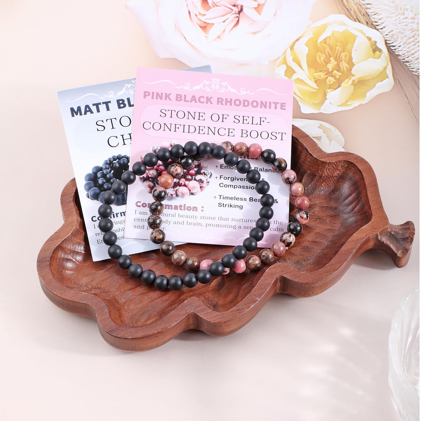 NCB 2-Piece 6mm Natural Crystal Gemstone Stretch Bracelets – ﻿Pink Black Rhodonite, Matte Black Agate Handmade Reiki Energy Healing Jewelry for Meditation,Yoga, Unisex