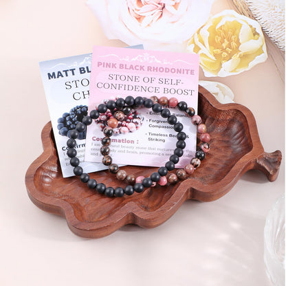 NCB 2-Piece 6mm Natural Crystal Gemstone Stretch Bracelets – ﻿Pink Black Rhodonite, Matte Black Agate Handmade Reiki Energy Healing Jewelry for Meditation,Yoga, Unisex