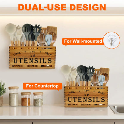 Acacia Wood Extra Large Utensil Holder for Kitchen Counter Rustic Spatula Holder For Counter Top Organizer Kitchen Cooking Utensil Storage Countertop Silverware Caddy Wooden Spoon Kitchen Tools Holder