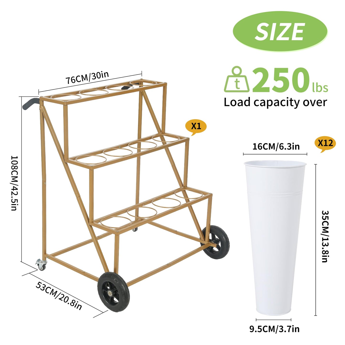 Ruifabo Flower Bar Stand with 12 Iron Buckets - Flower Display Stand with Big Wheels - Hand-Pushed Moving Flower Cart for Garden and Wedding - 3 Layers Gold Florist Bouquet Holder