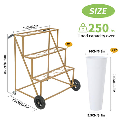 Ruifabo Flower Bar Stand with 12 Iron Buckets - Flower Display Stand with Big Wheels - Hand-Pushed Moving Flower Cart for Garden and Wedding - 3 Layers Gold Florist Bouquet Holder