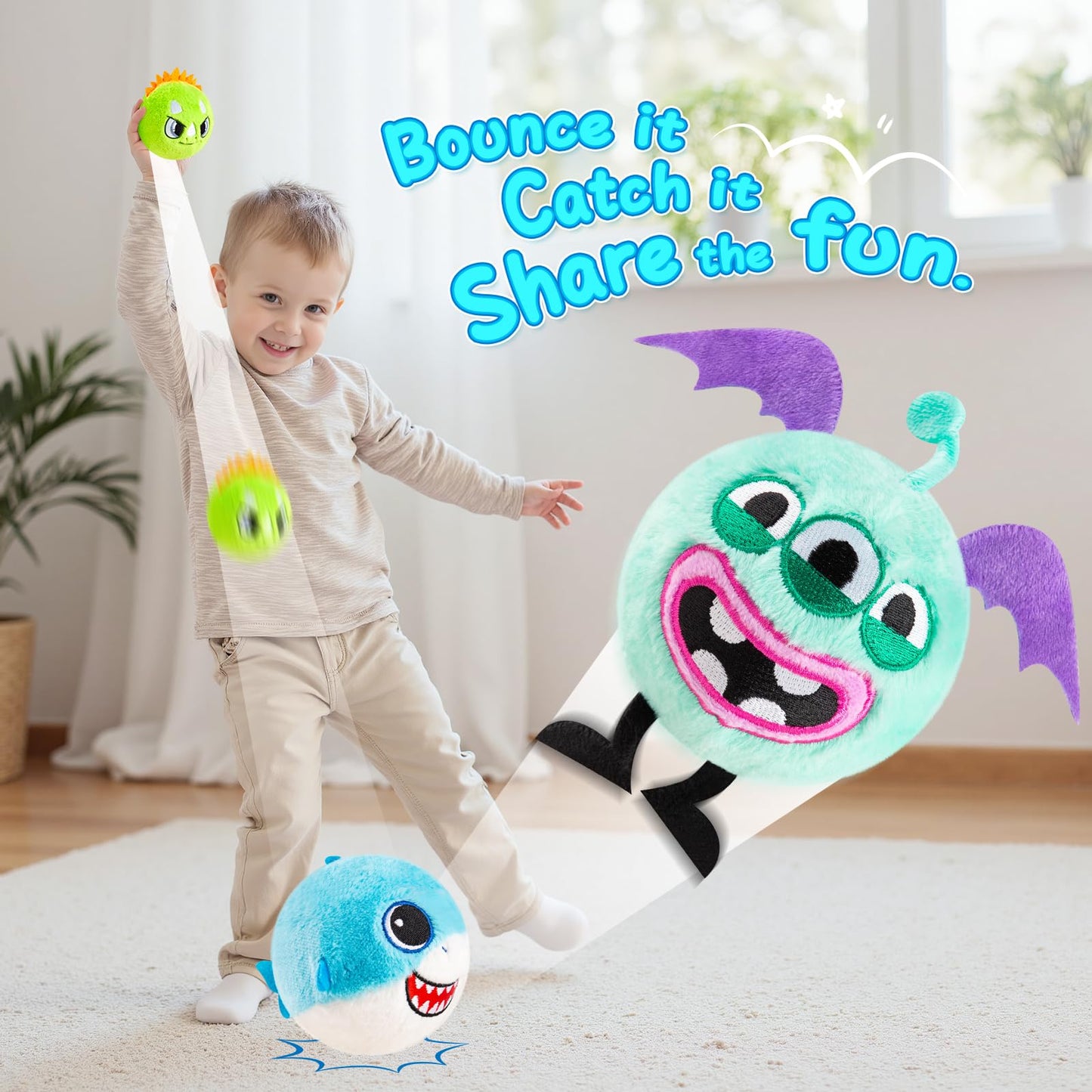 ZOOJOY 3 Pcs Plush Bouncy Balls for Toddlers 1-3, 3-Inch High Bounce Sensory Toys Featuring Dinosaur, Shark & Monster, Soft Game Balls Gift for Boys 6 Months+, Indoor & Outdoor Play