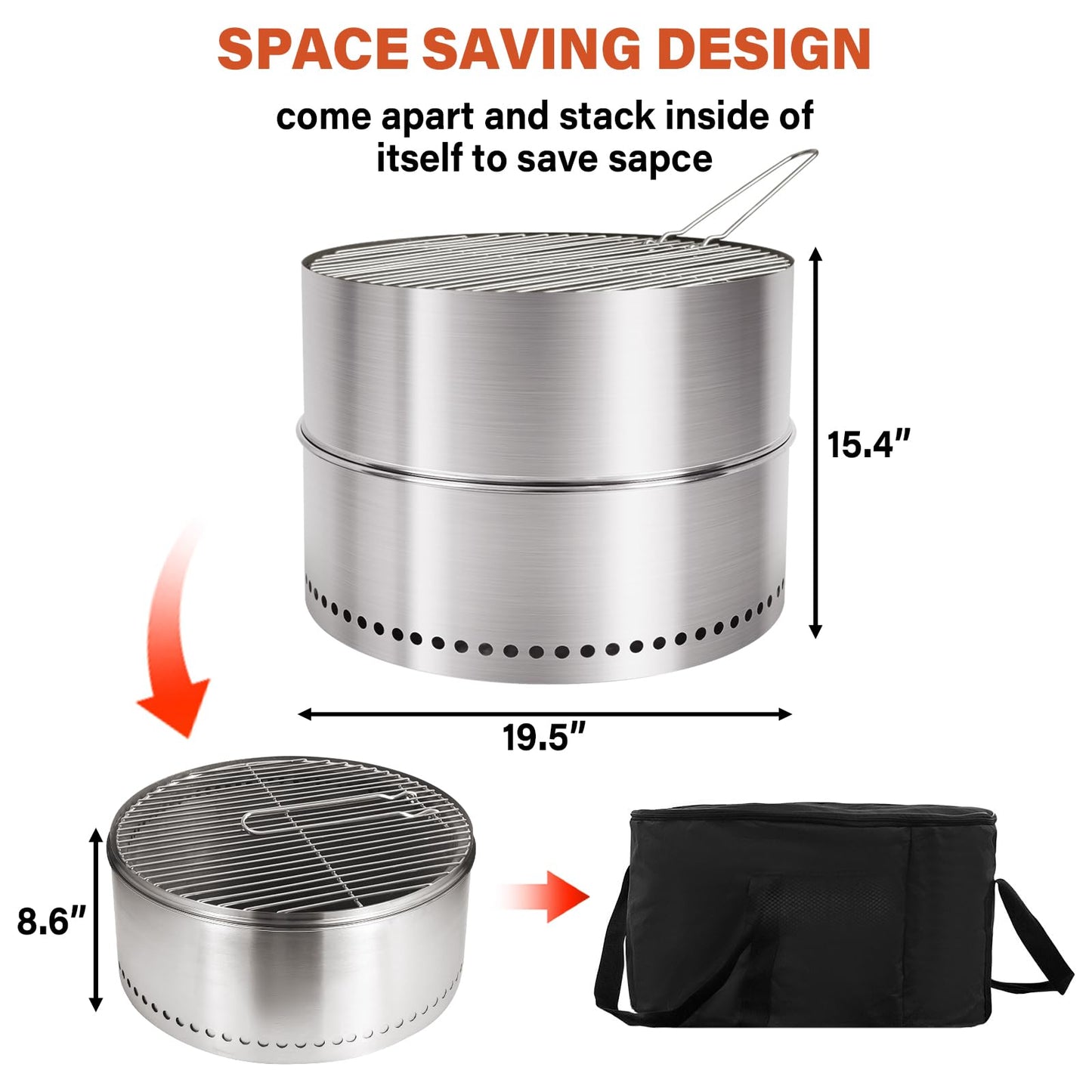 HGD 19.5 Inch Smokeless Firepit with Grill, Portable Wood Burning Fire Pit for Camping & Backyard, Stainless Steel Outdoor Fireplace with Travel Bag, Easy Setup & Compact Storage - Foldable Design