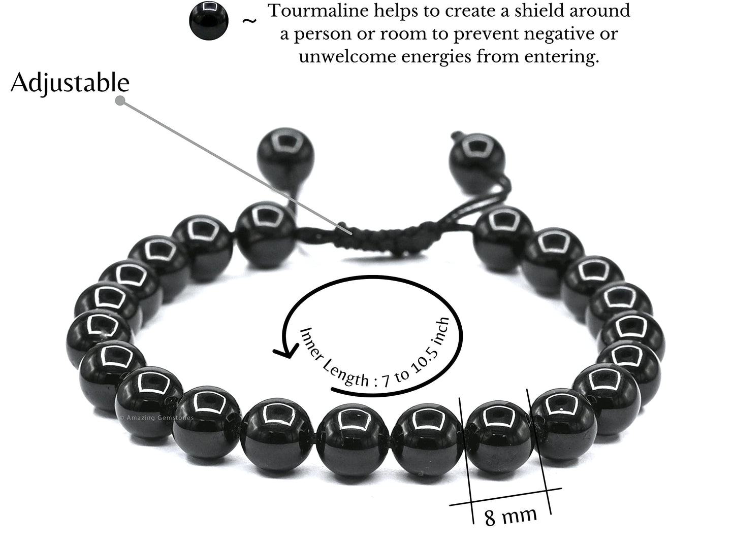 Amazing Gemstone Black Tourmaline Bracelet for Women Men's Gifts - Protection Healing Crystal Bracelet - 8mm Gemstone Beaded Adjustable Bracelet Pulseras Para Hombres Mujer Stocking Stuffers