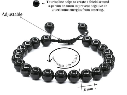 Amazing Gemstone Black Tourmaline Bracelet - Protection Healing Crystal Bracelet - 8mm Gemstone Beaded Adjustable Bracelet Pulseras Para Hombres Mujer Stocking Stuffers (Black Tourmaline Onyx)