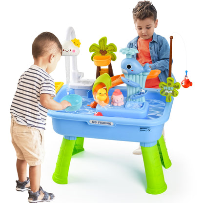 Hanyutom 2026 Upgraded Toddler Sand Water Table Toy with Electric Water Pump, Kids Sand Water with Faucet/Play Food Accessories/Fishing Toy, Kitchen Play Sink Toys for Girl Boy Age 3+ (Blue)