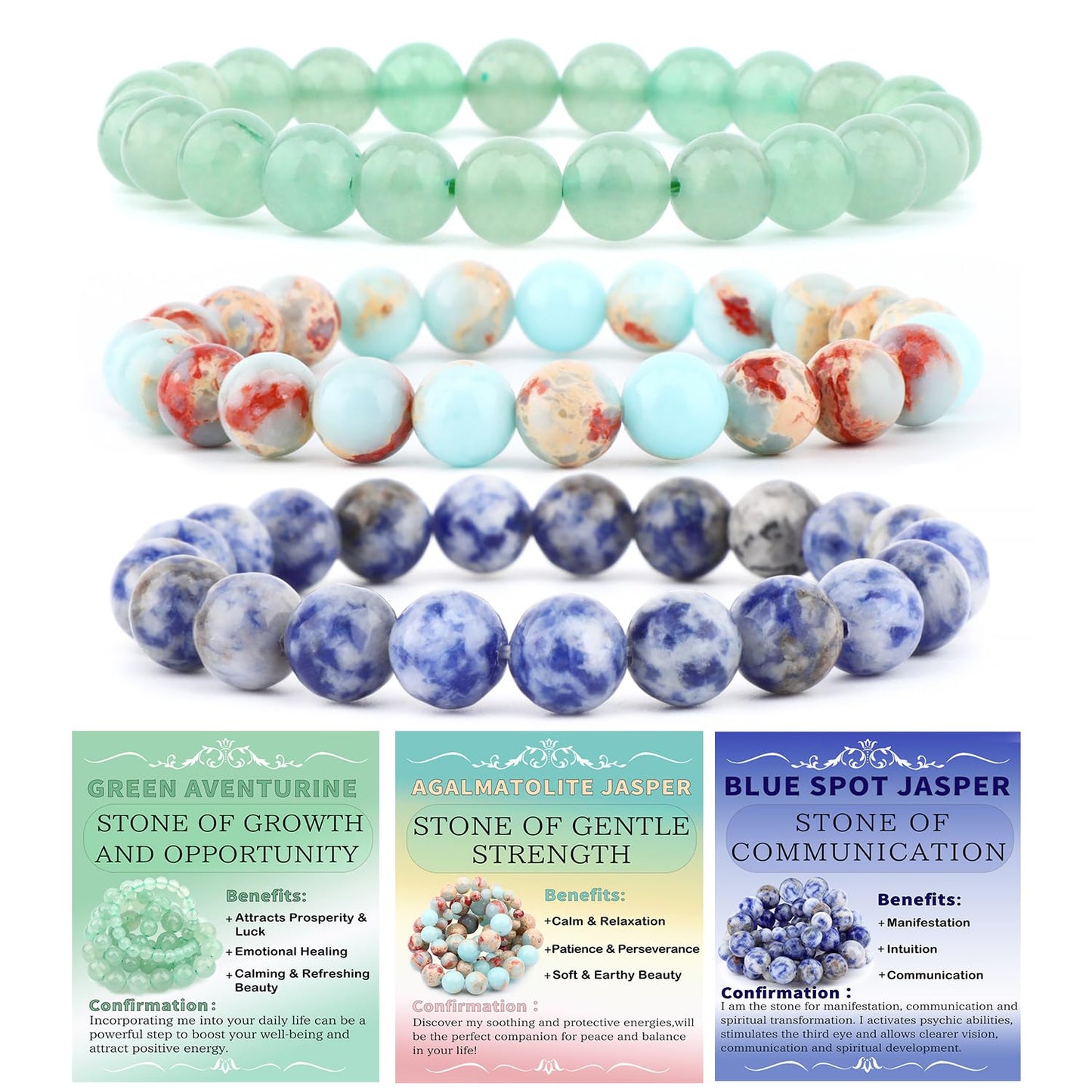 CMBYN 3-Pieces 8mm Natural Crystal Gemstone – ﻿Agalmatolite Jasper, Blue Spot, Green Aventurine Handmade Reiki Energy Healing Stretch Bracelets Jewelry for Yoga, Meditation, Unisex