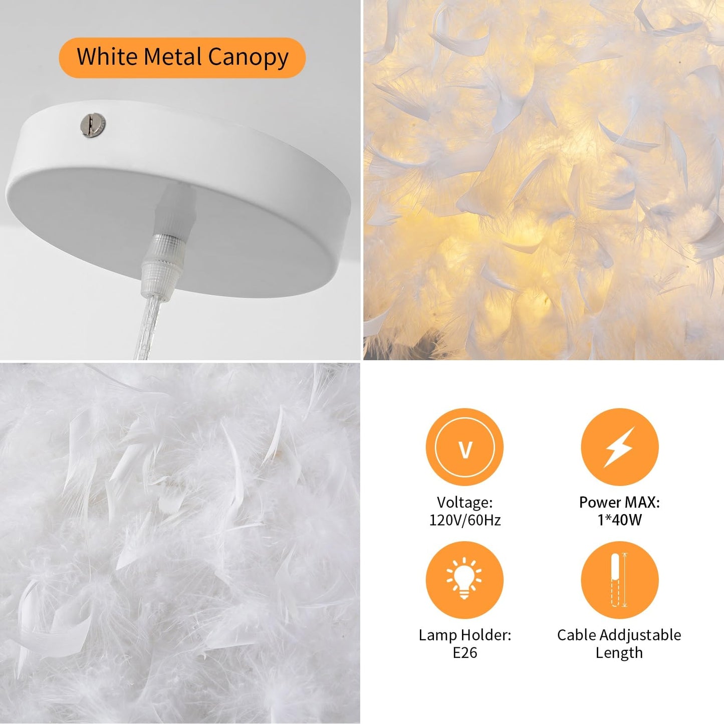 NZV White Feather Light Fixture Bedroom Romantic Feathers Pendant Lights Girls Room Modern Chandelier Mid Century Hanging Ceiling Lighting for Dining Room Kitchen Island Foyer (Diameter 11.8in)