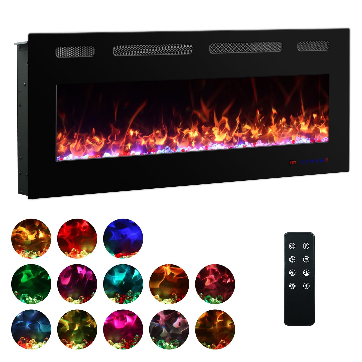42 in Ultra Thin Electric Fireplace Insert with Remote Control 13 Flame&Flue Bed Colors, Overheat Protection and Thermostat, Low Noise Recessed&Wall Mounted Slim Fireplace Heater Chiminea with Dimmer