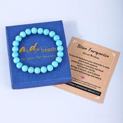 AD Beads 4mm Handmade Blue Turquoise Elastic Bracelet – Natural Gemstone for Great Wisdom – Meditation, Yoga, Healing and Energy Gift for Men Women