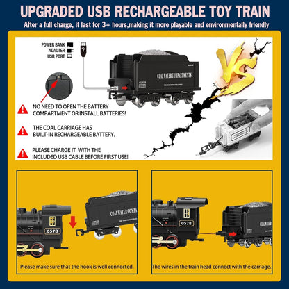 Electric Remote Control Train Set Christmas Trains Steam Locomotive, Cargo Car & Tracks, Rechargeable Train Toys for Kids w/3 Smoke,Whistle & Lights, Christmas Birthday Gift for Boys Girls 3 4 5 6 7