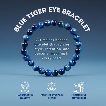 Cherry Tree Collection – Handmade Crystal Beaded Stretch Bracelets with Jade Blue Tiger's Eye for Women & Men - 8mm Round Gemstone for Protection, Balance & Luck - Medium