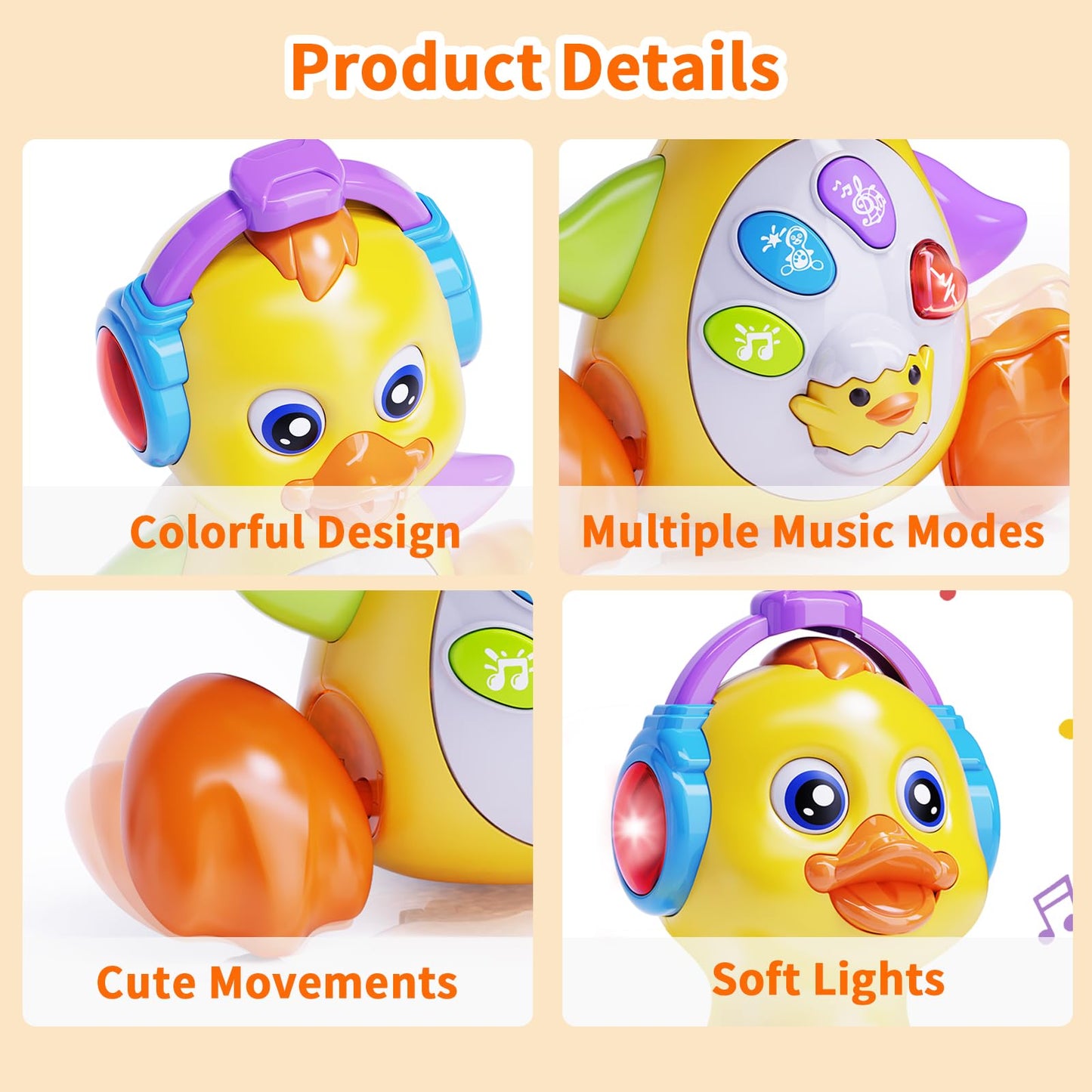 Wanonoo Dancing Duck Baby Toys 6-12 Months Developmental, Musical Crawling Infant Tummy Time 3 4 5 6 7 8 9 10 11 12 18 Month Boy Girl Moving Light Up Toddler Learning Activity Easter Birthday Gift