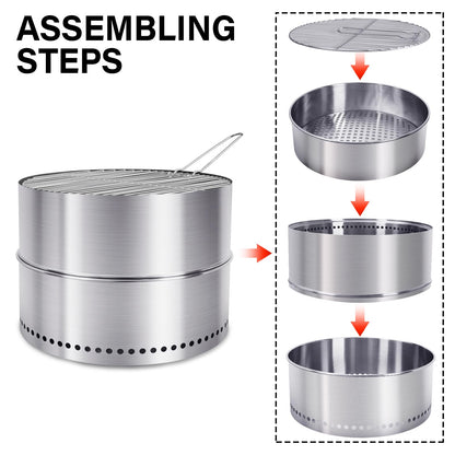 HGD 19.5 Inch Smokeless Firepit with Grill, Portable Wood Burning Fire Pit for Camping & Backyard, Stainless Steel Outdoor Fireplace with Travel Bag, Easy Setup & Compact Storage - Foldable Design