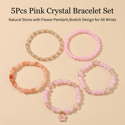 LOTSOF Boho Flower Beaded Bracelet Set for Women - Multilayer Crystal & Flower Charm Stackable Bracelets, Fashion Jewelry Gift for Her (Pink)