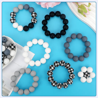 SALUOKE 100 Pcs 15mm Silicone Beads for Keychain Making, Pink Gream Silicone Beads Bulk Round for Bracelets Pens Crafts Jewelry Making (Black White)