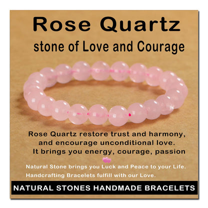 AD Beads Handmade Gemstone Stretch Elastic Bracelet Crystal Healing Reiki Nature's Beauty and Spiritual Essence Unisex (8mm, Rose Quartz)
