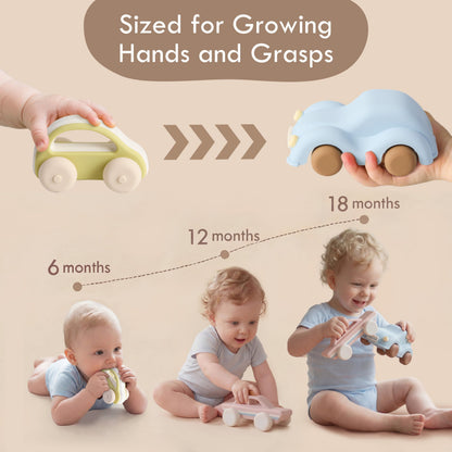 Moonkie Food Grade Silicone Toy Cars for Babies & Toddlers, Push and Go Baby Cars, Baby Teething Toys for 6-12 Months, Easy-to-Hold Hollow Body, Birthday Gift for Boys & Girls, 5 Pack