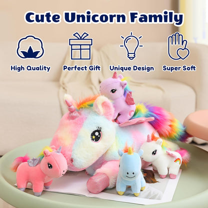 SQEQE Unicorn Mommy Stuffed Animal with 4 Baby Unicorns, Super Soft Cartoon Hugging Toy Gifts for Girls Boys Birthday