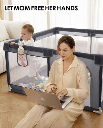 50" x 50" Extra Large Baby Playpen for Babies and Toddlers, Safe with Soft Play Fence, Indoor Safety Yard, Easy to Assemble and Clean (Gray)