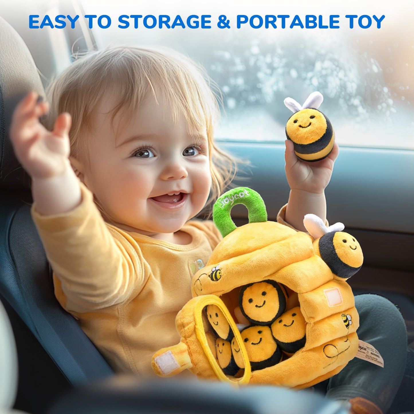JoyCat Mystery Soft Box+Soft Baby Beehive with 5 Soft Sensory Bees - Honeybee Plush Toy for 0-12 Months - Rattle, Crinkle Paper, Squeaker, Mirror, Busy Toy for Babies 6-12 Months, 0-3 Years Old