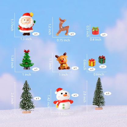 48PCS Christmas Miniature Figurines Mini Resin Christmas Ornaments Kit with Snowman Santa Claus Trees Wooden Display Stand Pine Needles Trees Cones Theme for DIY Xmas Decor Fairy Garden