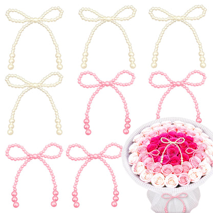 8PCS Pink White Pearl Bow Decoration for Bouquets Pearl Bow Cake Decor Topper Beaded Bridal Shower Decoration for Wedding Bridal Shower Birthday Gift Wrapper