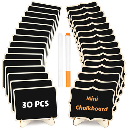 30 Pack Mini Chalkboard Signs, Food Labels for Party Buffet, Small Wooden Chalk Board Signs with Easel Stand & Markers, Reusable, Zero Residue Place Cards for Table Setting or Numbers, Outdoor Indoor