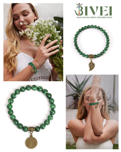 Bivei Natural Semi-Precious Gemstone Malachite Beaded Bracelets - Life Tree and Leaf Charm Crystal Beads Stretch Bracelet for Women Protect Negative Energy