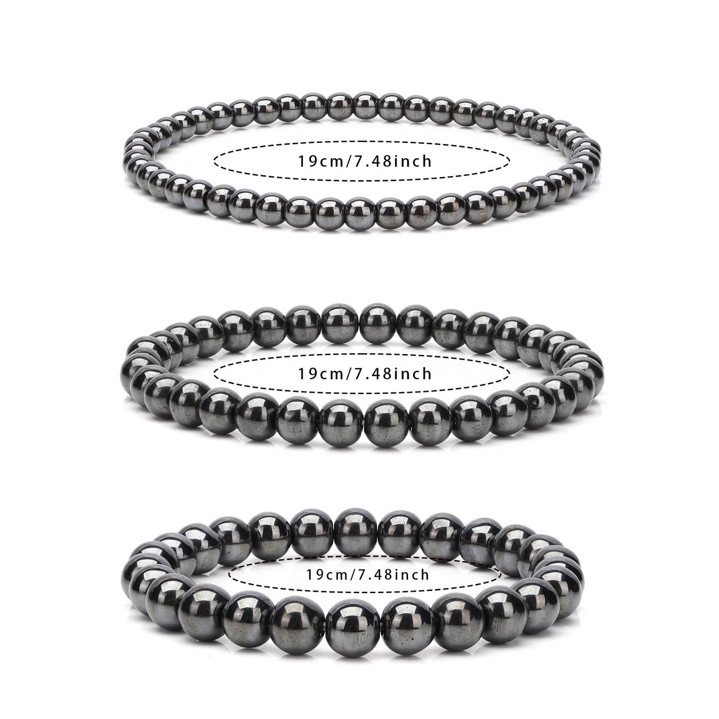 Risyfjew 4MM Handmade Hematite Natural Gemstone Stretch Elastic Bracelet,PE Film Anti-oxidation Packaging Natural Stone Crystal Healing Power Energy Gifts for Adult
