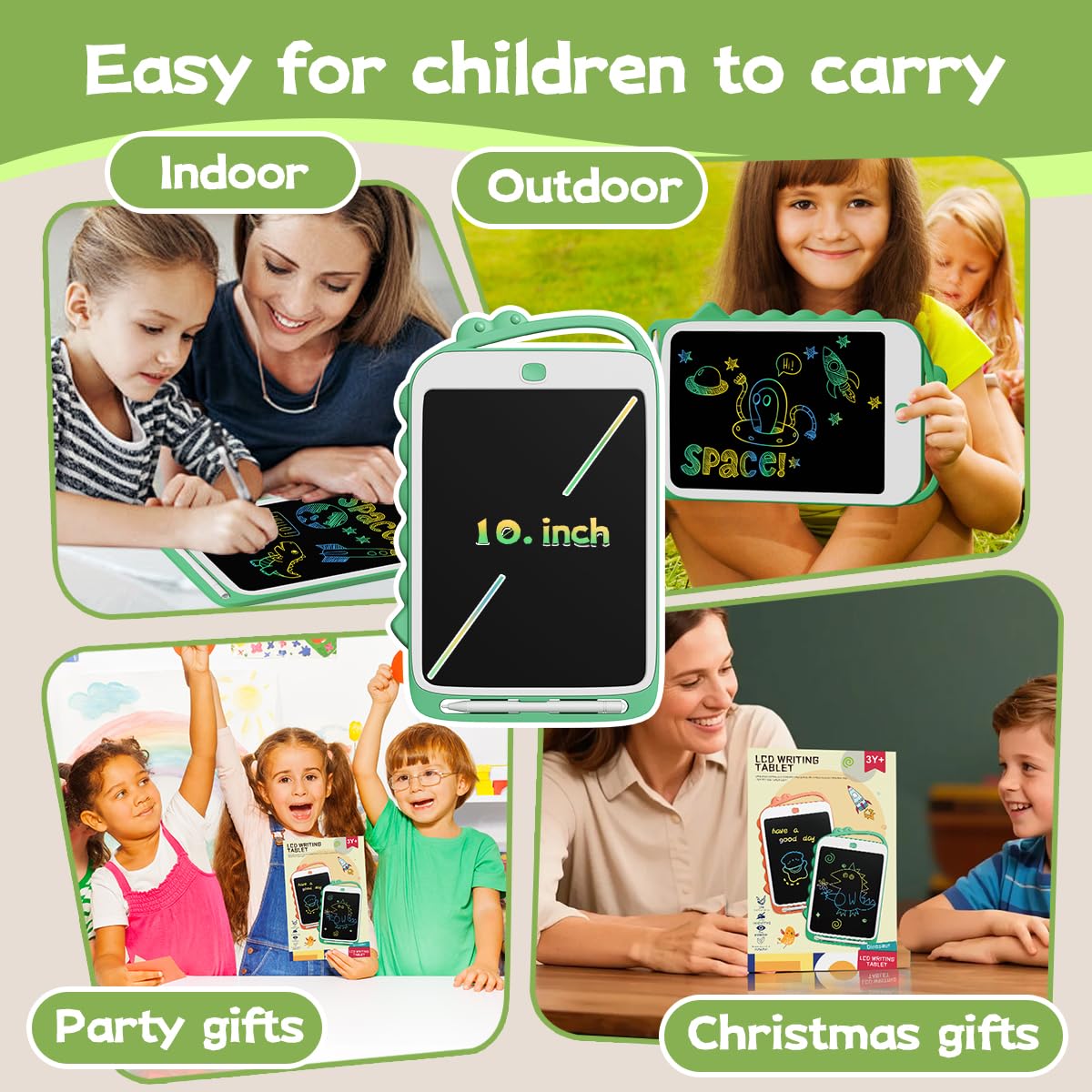 DPEDUAI LCD Writing Tablet for Kids, 10.5 Inch Colorful Doodle Board Drawing Pad, Erasable Reusable Educational Toddler Toys for 3 4 5 6 Year Old Boys Girls, Travel Essentials Birthday Gifts (Green)