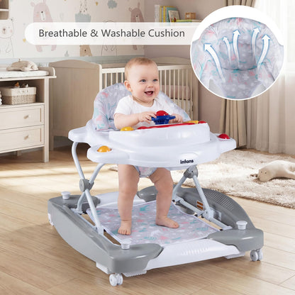 INFANS Baby Walker, 5 in 1 Behind Walker Learning Seated Rocker Bouncer with Removable Music Tray, Adjustable Height, Washable Seat Cushion, Foldable Activity Center for Toddlers (Light Gray)