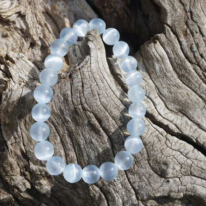 Natural Selenite Bracelet 8mm | Aqua Blue | Crown Chakra Crystal with Cat-eye Effect | Handmade Meditation Healing Bracelet for Women Men | Beading Tool Kit - Fits for 6.5-7.5 inch Wrist Size