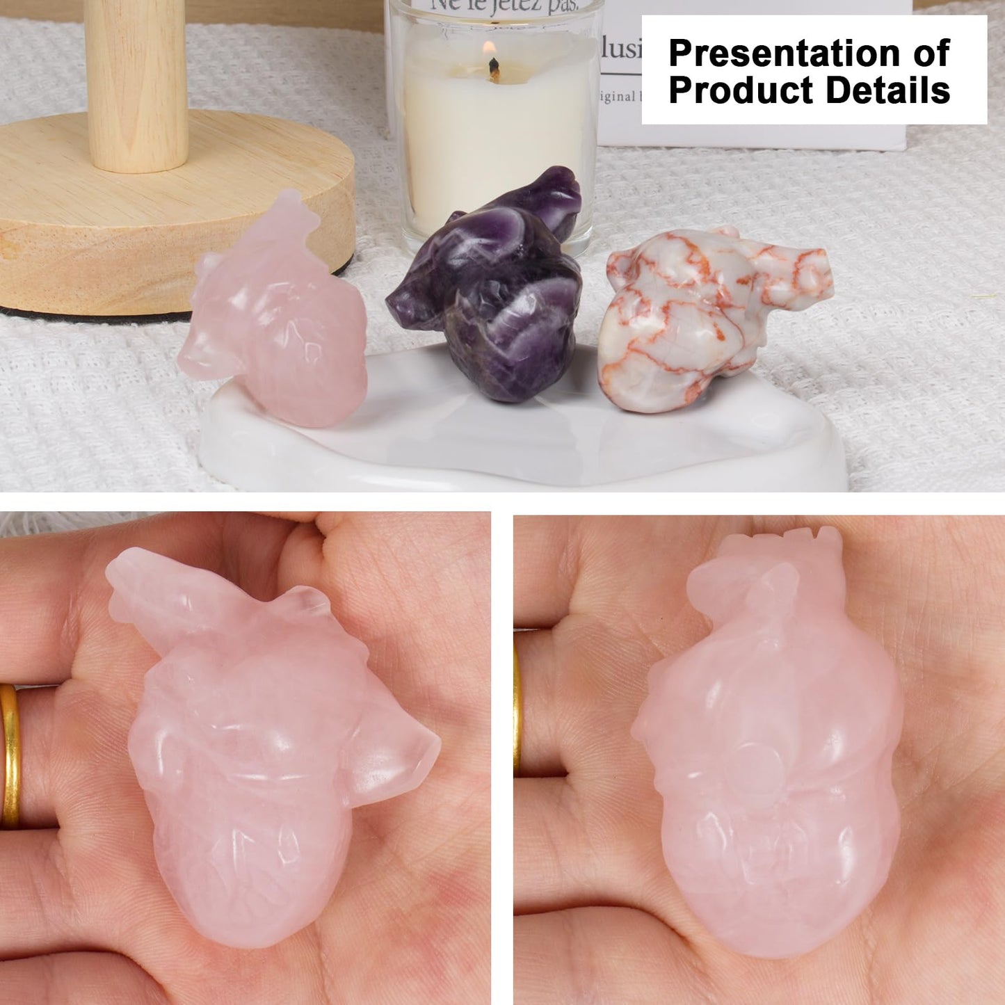 Rose Quartz Crystal Heart Figurines, 2.1 Inch Crystal Heart Love Statue for Home Decor, Meditation and Stress Relief, Hand Carved Natural Healing Stone Cardiac Sculpture Spiritual Gift for Women