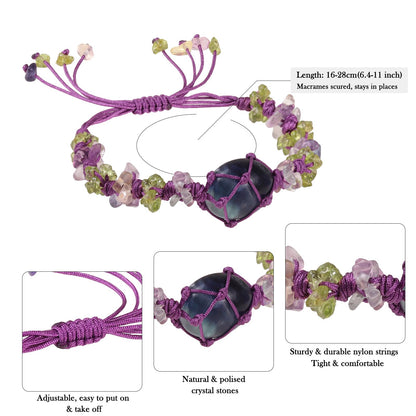 TUMBEELLUWA Natural Crystal Chips Bracelet Boho Woven Knotted Braided Crystal Holder Bracelets Trendy Chakra Jewelry Gift for Women Men, Fluorite & Olivine