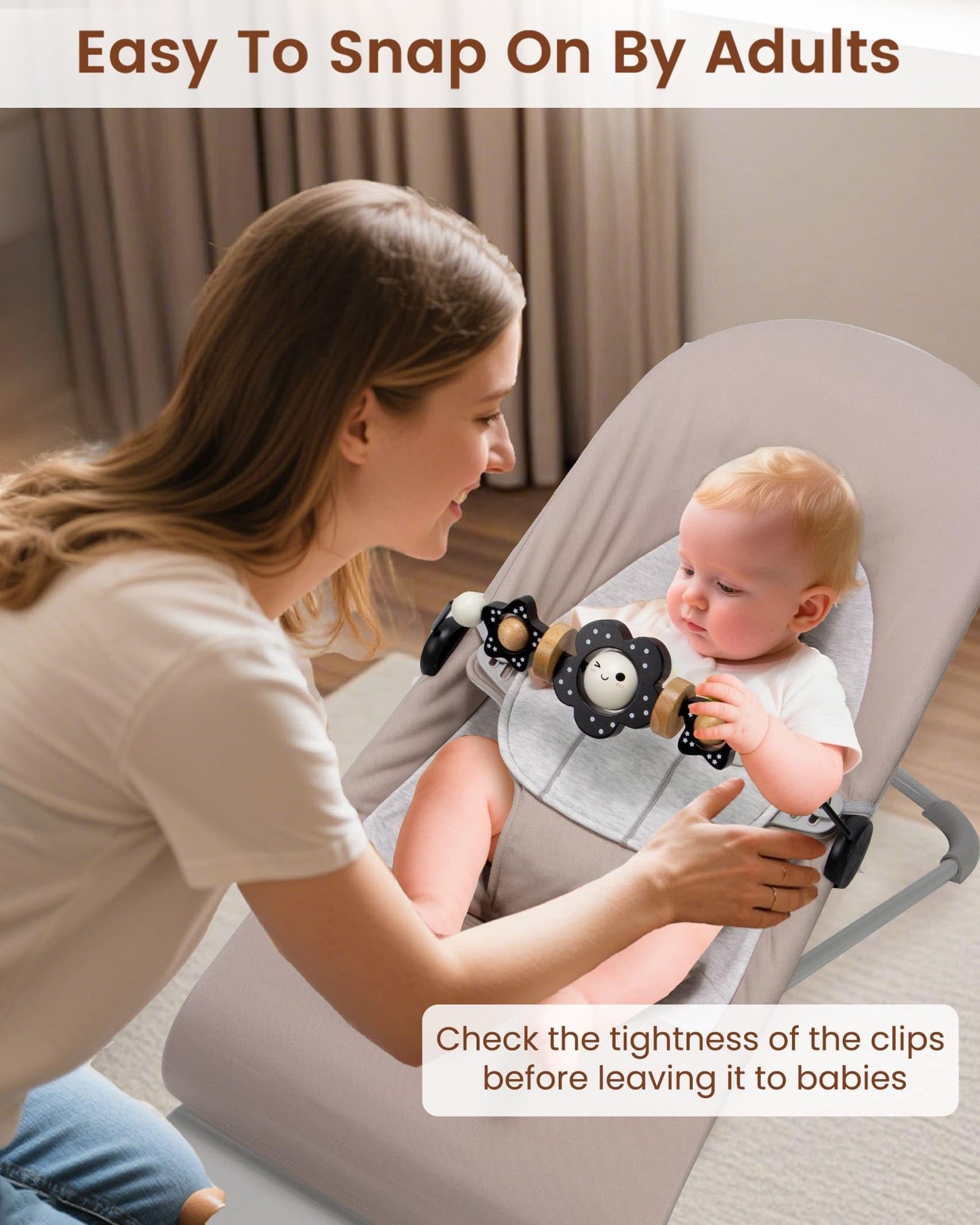 TinlyFinly Baby Bouncer Toy Bar Wooden Compatible with Baby Bjorn Bouncers, Bouncer Toy Attachment Tight and Secure Fit, So Fun to Watch, Touch and Spin for Babies All Ages (Black and White Flower)